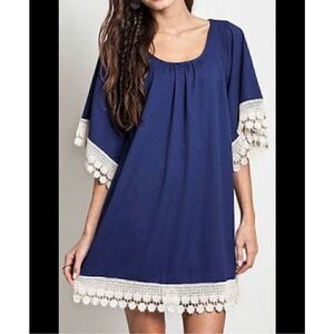 Umgee USA Boho Blue Crochet Trim Lagenlook Tunic Top Dress Size M Loose Fit